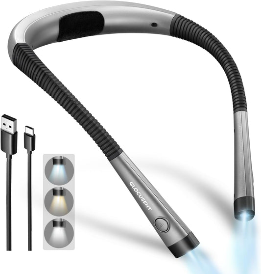 Glocusent Book Light, 3-Color & 6-Brightness Reading Light, Bendable Neck Light, 80-hr Lasting Rechargeable Book Light, Perfect Reading Lights for Books in Bed, Knitting, Repairing, Book Lovers Gifts