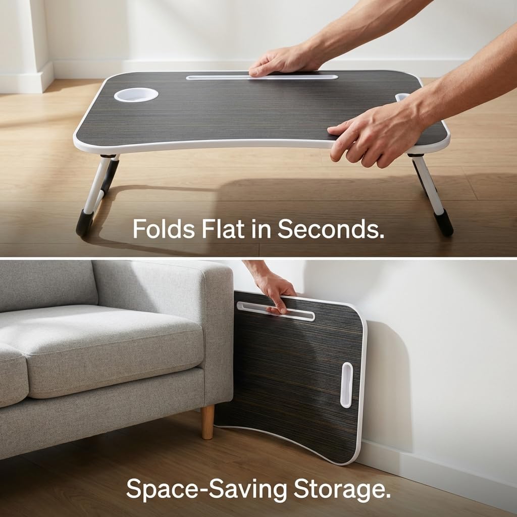 BUYIFY Folding Lap Desk, 23 Inch Portable Wood Black Laptop Bed Desk Lap Desk with Cup Holder, for Working Reading Writing, Eating, Watching Movies for Bed Sofa Couch Floor