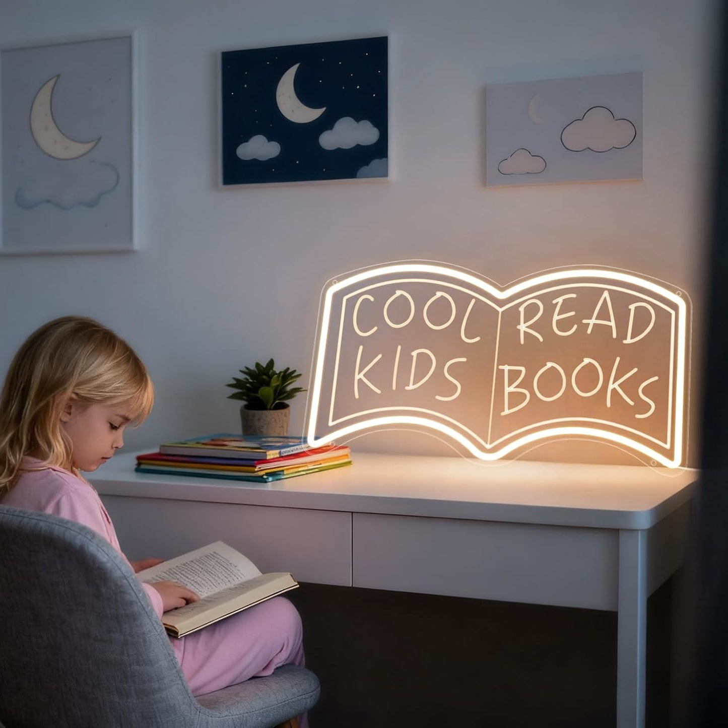 Cool Kids Read Books Neon Signs for Wall Decor Suitable for Library, Classroom, Reading Corner, Bedrooms. Book Neon Light Sign with Adjustable Dinmmer Switch Reading Letter LED Neon Lights 16.75''*8.66''Warm White