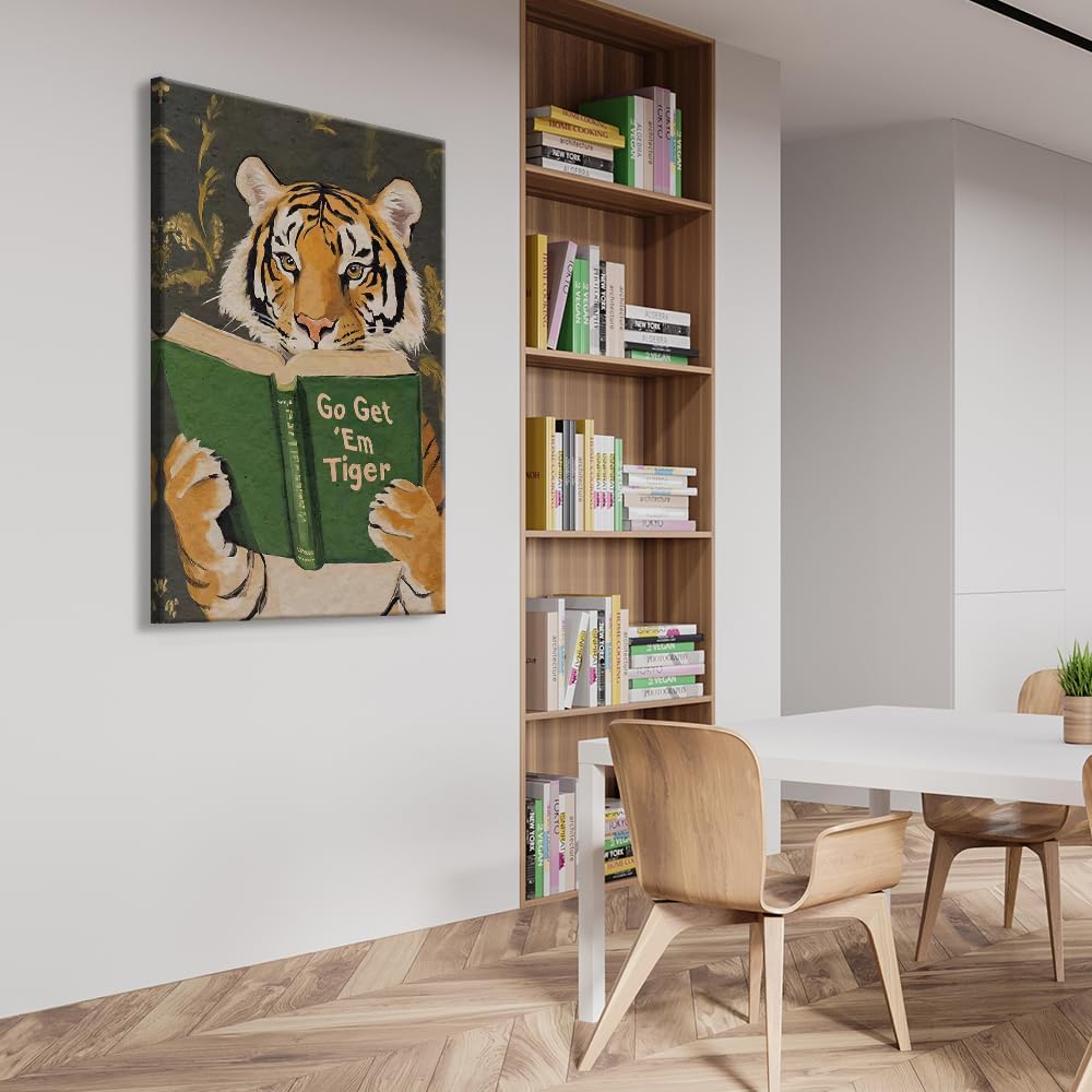 Funny Tiger Reading Green Book Canvas Poster Go Get Em Animal Print Painting Vintage Motivational Wall Art Humorous Bookworm Aesthetic Pictures Decor for Study Library Office 12x16inch Unframed