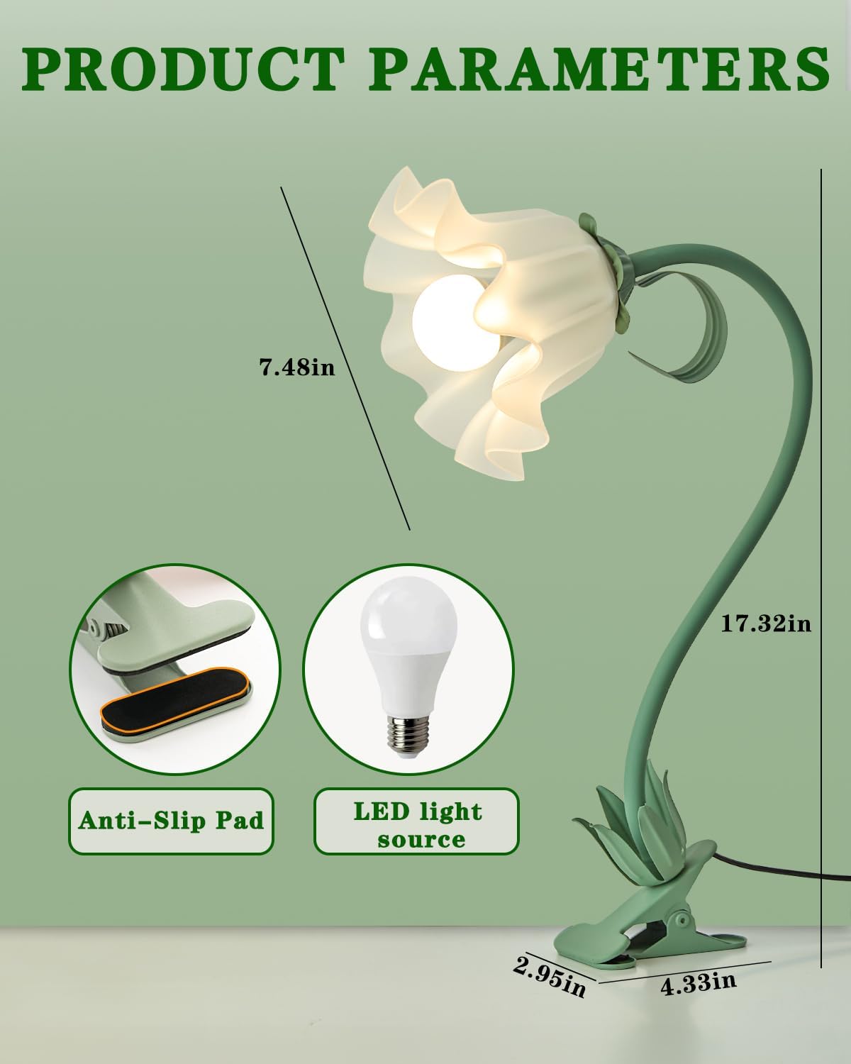 Flower Lamp Clip on Light, 3 Color Modes Eye-Caring Desk Lamp with Clamp, Dorm Room Essentials, Flexible Neck Reading Clamp Lamps for College Bedside Bookshelf Studying Room (Green)