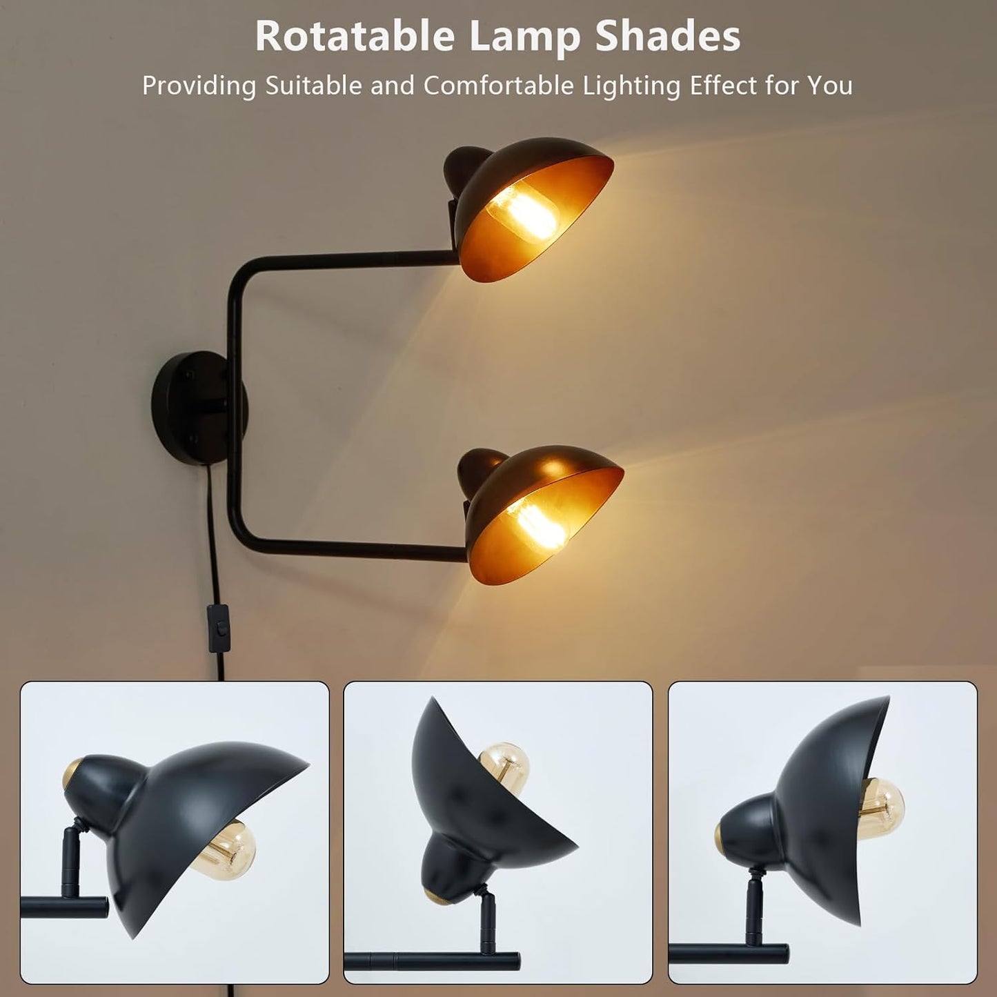 Adjustable Black Swing Arm Wall Sconce, 2-Light Plug in Wall Lamps with ON/Off, Rotatable Metal Dome Shades Wall Mount Lighting Fixture for Living Room Bedroom Study