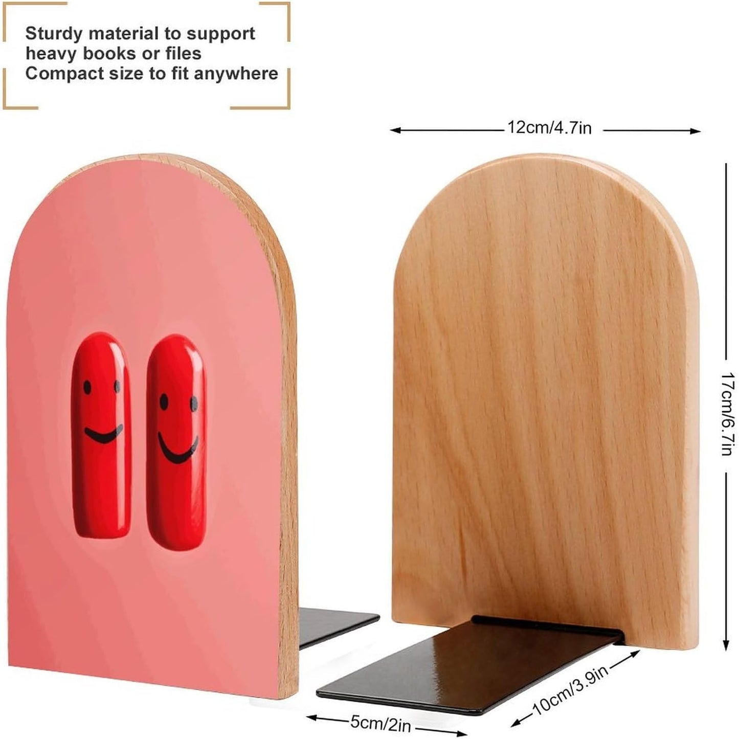 Red Smile Wooden Bookend Non-Slip Book Ends Heavy Duty Book Stopper with Metal Base Books Holderd Decorative Bookends Stands Firmly for Office Supplies