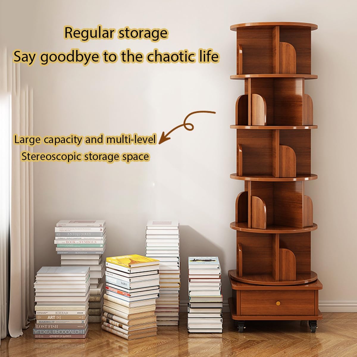 360° Rotating Kids Bookshelf, Stackable Bookcase Tower with Drawer, Adjustable Book Organizer with Brake Wheels for Children's Room, Fun & Functional Storage Solution