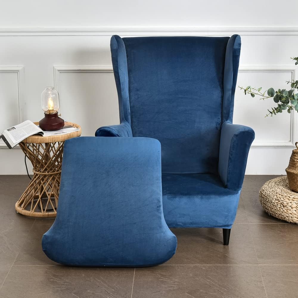 OBCREAT Wingback Chair Covers,2 Piece Stretch Velvet Wingback Chair Slipcover Soft Wing Chair Sofa Covers with Elastic Bottom,Armchair Couch Cover Furniture Protector for Living Room (Navy)