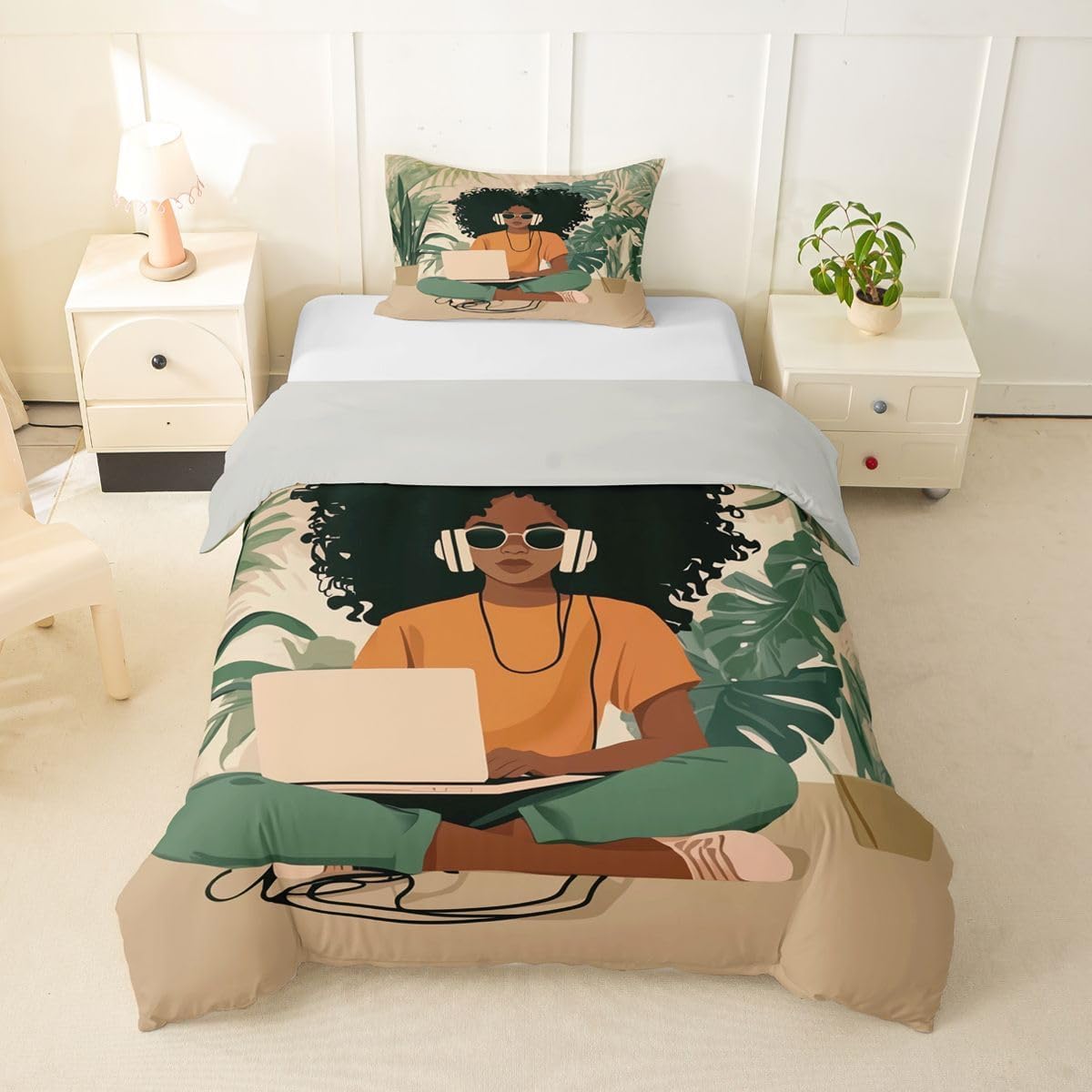 Feelyou Black Woman Duvet Cover Twin Size African American Bedding Set for Boys Girls Reading Comforter Cover Bedroom Decor 2Pcs