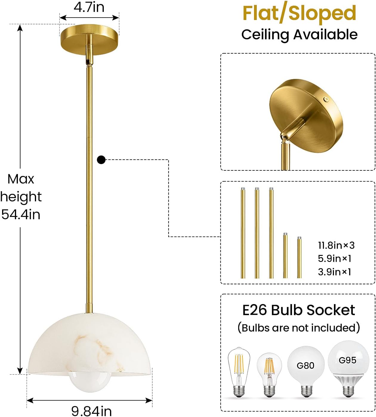 Modern Pendant Light Fixtures: 10 Inch Resin Shade Mid Century Chandelier - Adjustable Gold Pendant Lighting for Kitchen Island Living Room Hallway