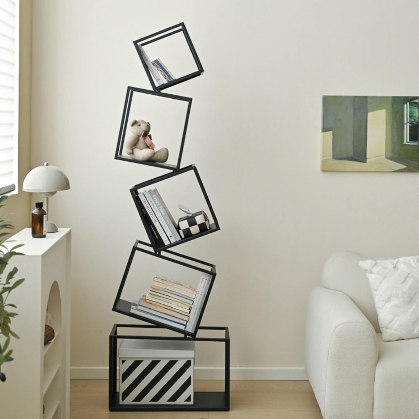 5-Tier Geometric Metal Bookshelf, Modern Unique Floor Corner Book Shelf 67", Display Storage Bookcase for Living Room, Bedroom, Office, Home Decor, Black
