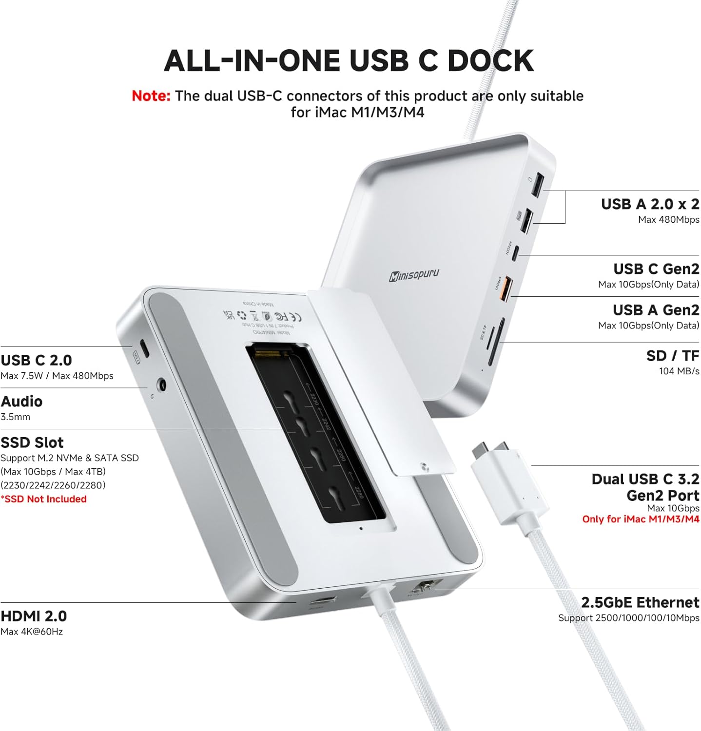 Minisopuru DS802PRO iMac Accessories with 4K@60Hz HDMI, USB C Charging, 2.5GbE, 4TB M.2 SSD Enclosure, USB C Hub for iMac 24 inch M1/M3/M4, iMac Hub with 4 USB, SD/TF, Audio | Silver