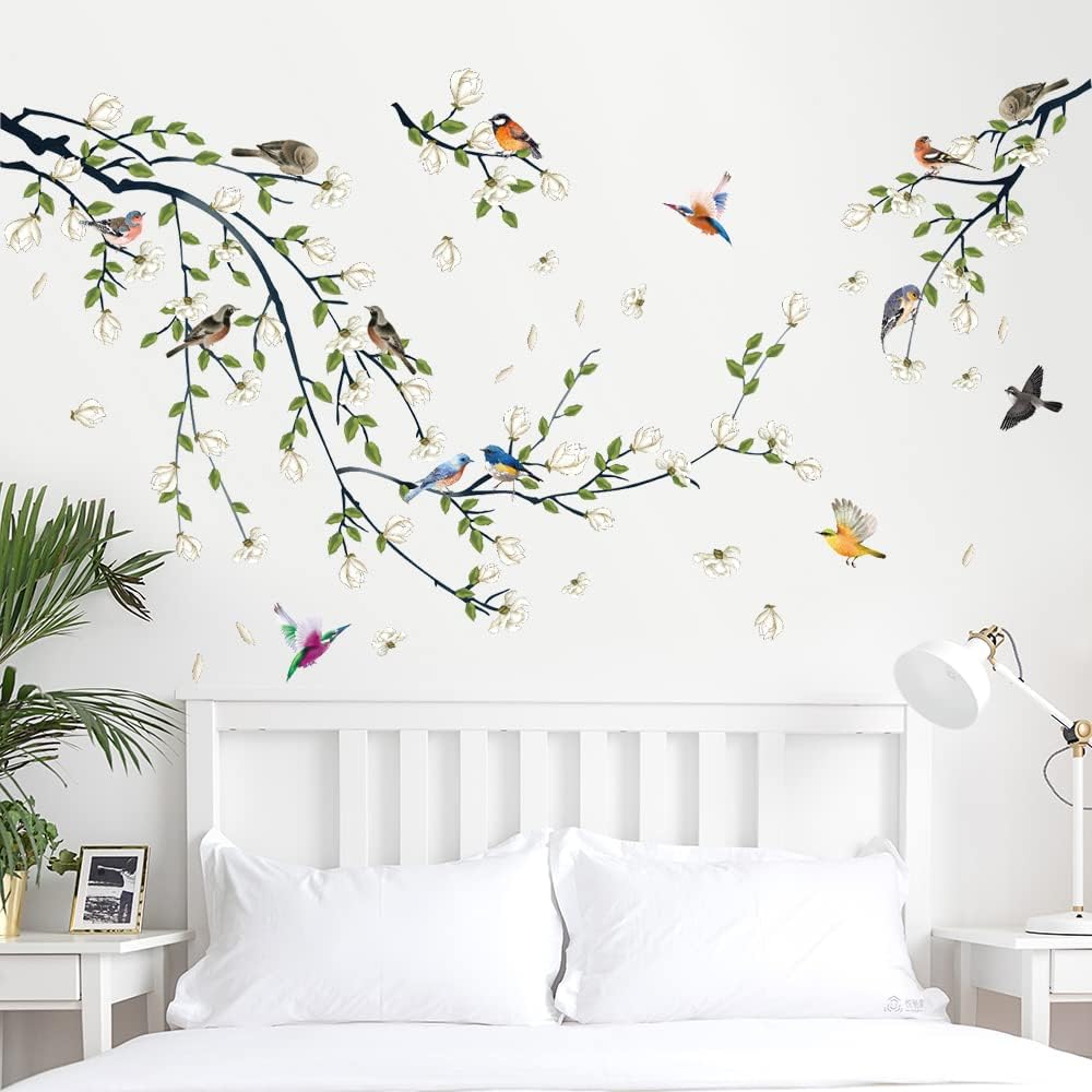 Green Vine Wall Decal White Flowers and Birds on Branch Natural View Wall Sticker DIY Detachable Peel and Stick Wall Art Mural for Living Room Bedroom offcie Home Decor