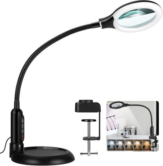 12X Magnifying Glass with Light and Clamp, 5 Color Modes Stepless Dimmable Lighted Magnifier with Stand, Flexible Gooseneck LED Desk Lamp Hands Free for Craft Reading Painting Hobby Close Work