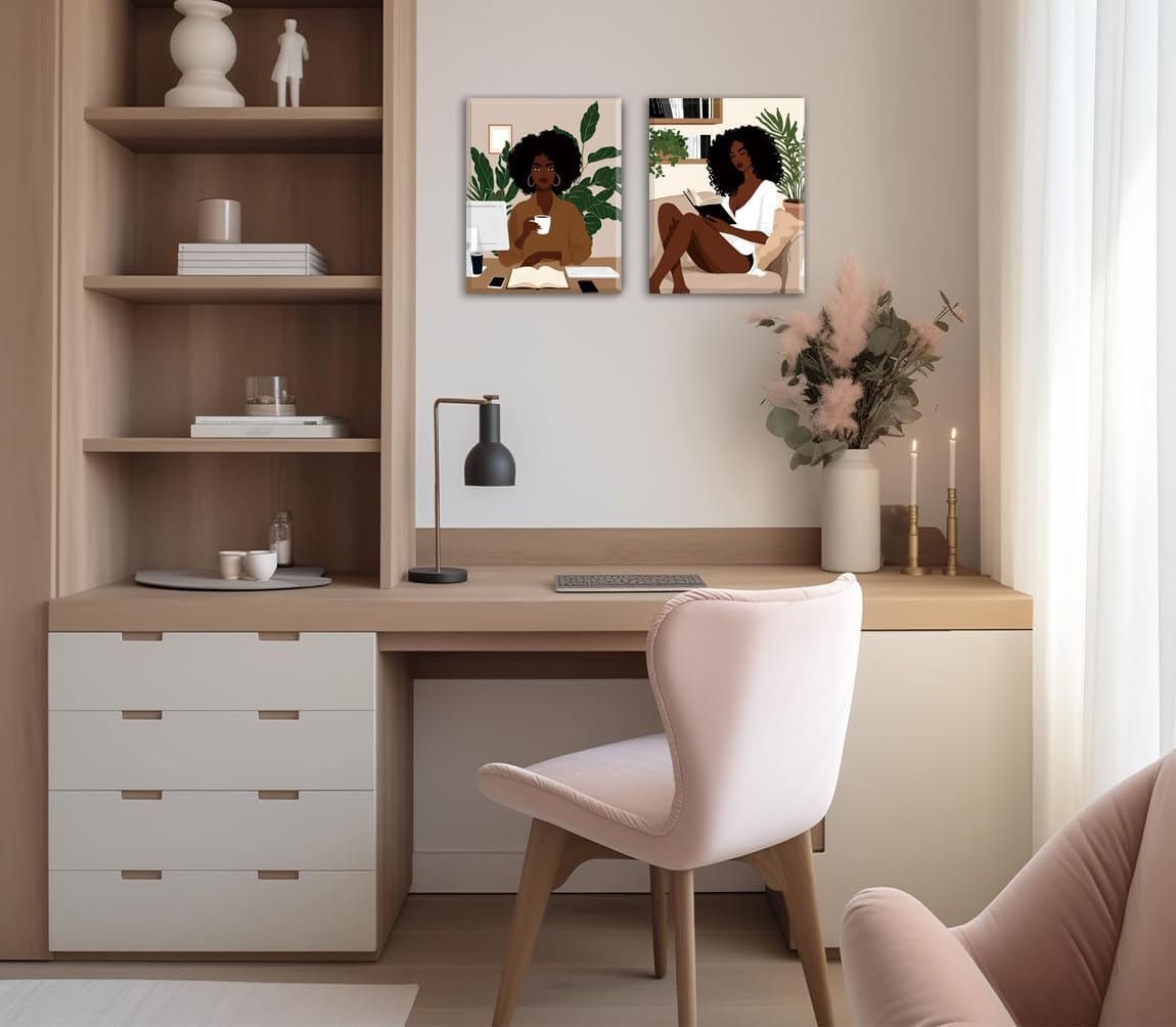 African American Books Wall Art Prints,Framed Black Girl Reading Canvas Poster,Book Lover Painting Artwork,Modern Black Woman With Book Art Wall Decor for Bedroom Living Room,Set of 4(8"X10"