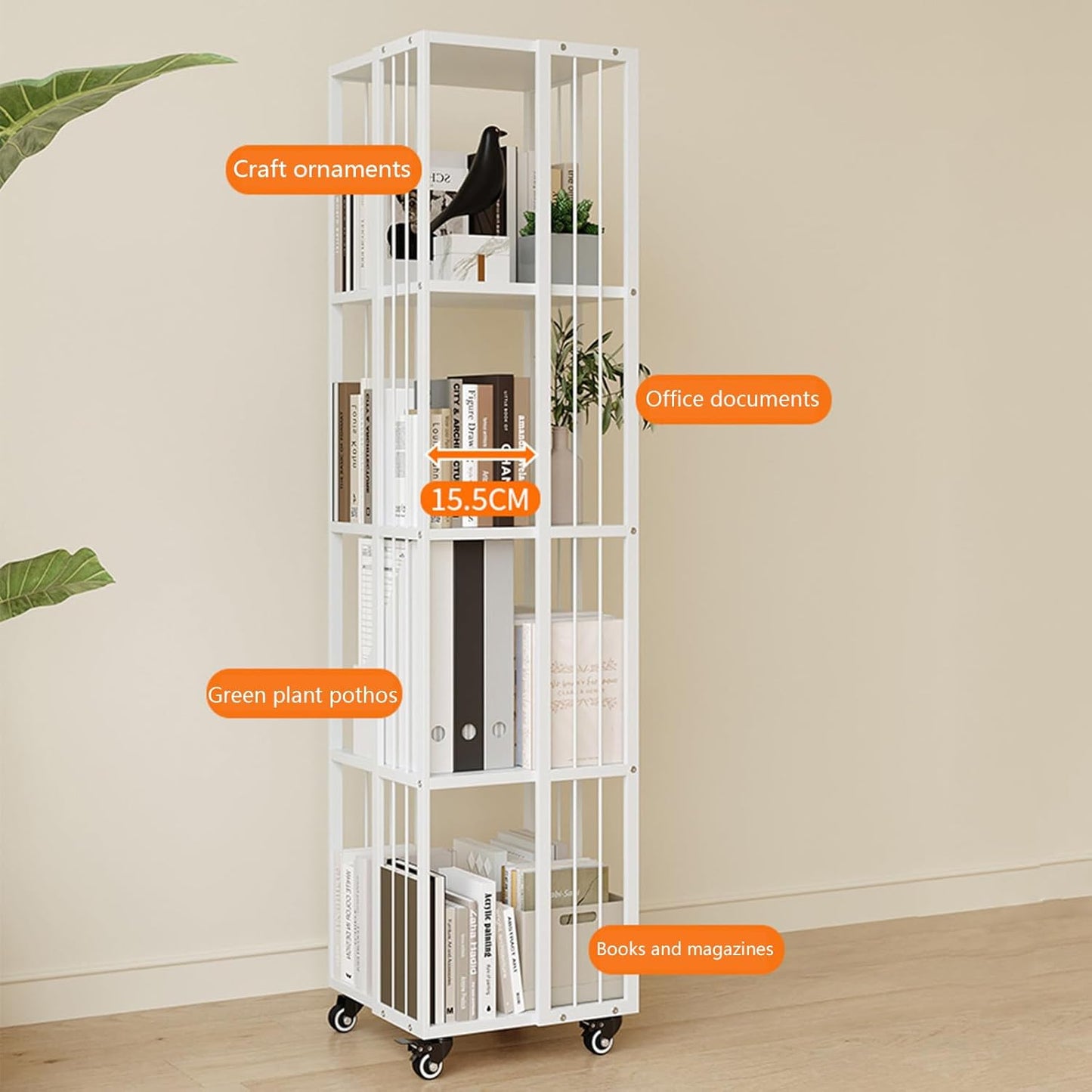 Book Shelf, Bookcase Tall Bookshelf Shelf Open Display Shelves Book Storage Organizer for Living Room Floor Standing Office Bookshelf 360° Rotation Children Bookcase