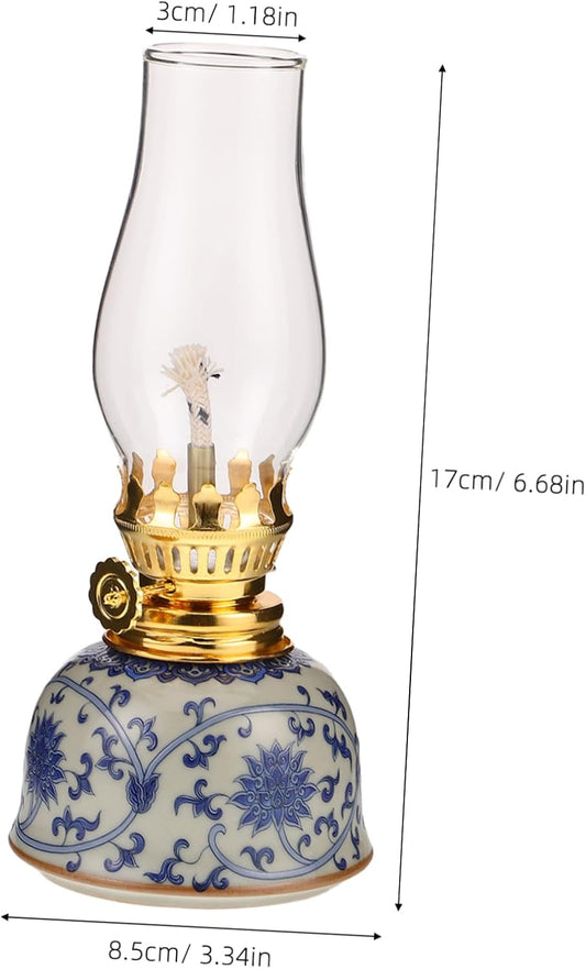 Happyyami Vintage Porcelain Oil Lamp Blue and White Ceramic Home Decor Lamp for Camping Meditation Reading Tea for Holidays