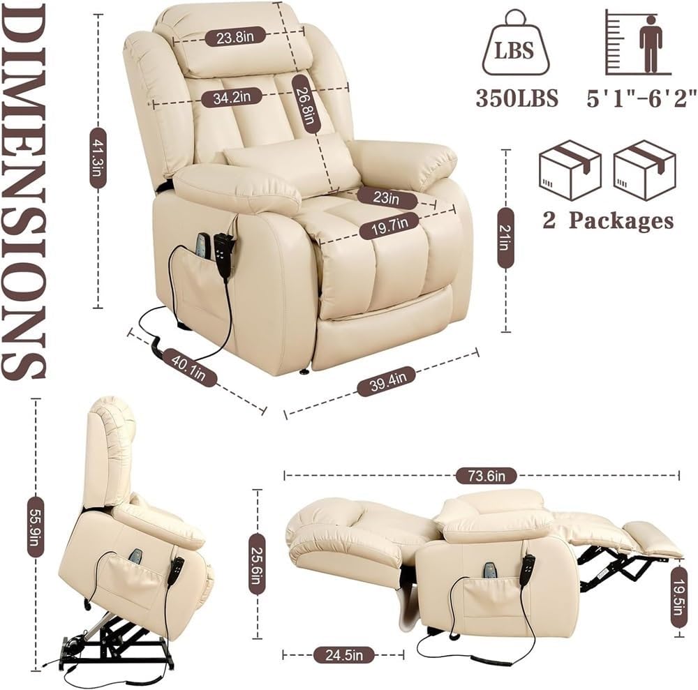 Dual Motor Infinite Position Power Lift Recliner Chair with Heating Massage and Extended Footrest for Adults Adjustable Lay Flat Recliner Leather Upholstery with Lumbar Support