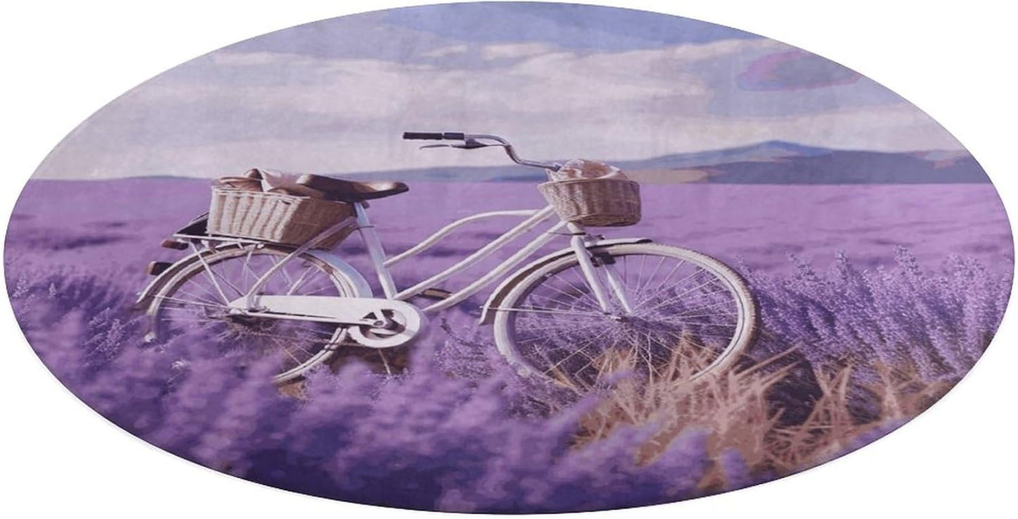 Lavender Field Bike Circle Rug Retro Luxury Coral Velvet Floor Mat Non Slip Soft Indoor Floor Carpet Comfy Thickened Area Rugs Modern Aesthetic Minimalist Carpets for Home Decor