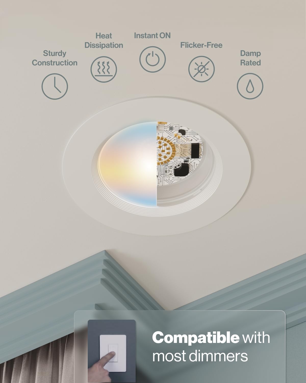 Sunco 6 Inch LED Recessed Light Retrofit, Can Lights for Ceiling, 1700 LM High Brightness, Selectable CCT 2700K/3000K/4000K/5000K/6000K, 17W=120W, Dimmable, Baffle Trim, Damp Rated UL 4 Pack.