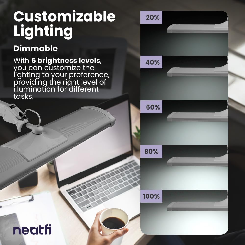 Neatfi 3,500 Lumens LED Desk Lamp – 45W Dimmable Task Light | 3 Light Modes | 540 SMD LEDs | Touch Control | 26-Inch Wide Metal Shade | Reading, Craft, Workbench & Office (CCT with Clamp, Silver)