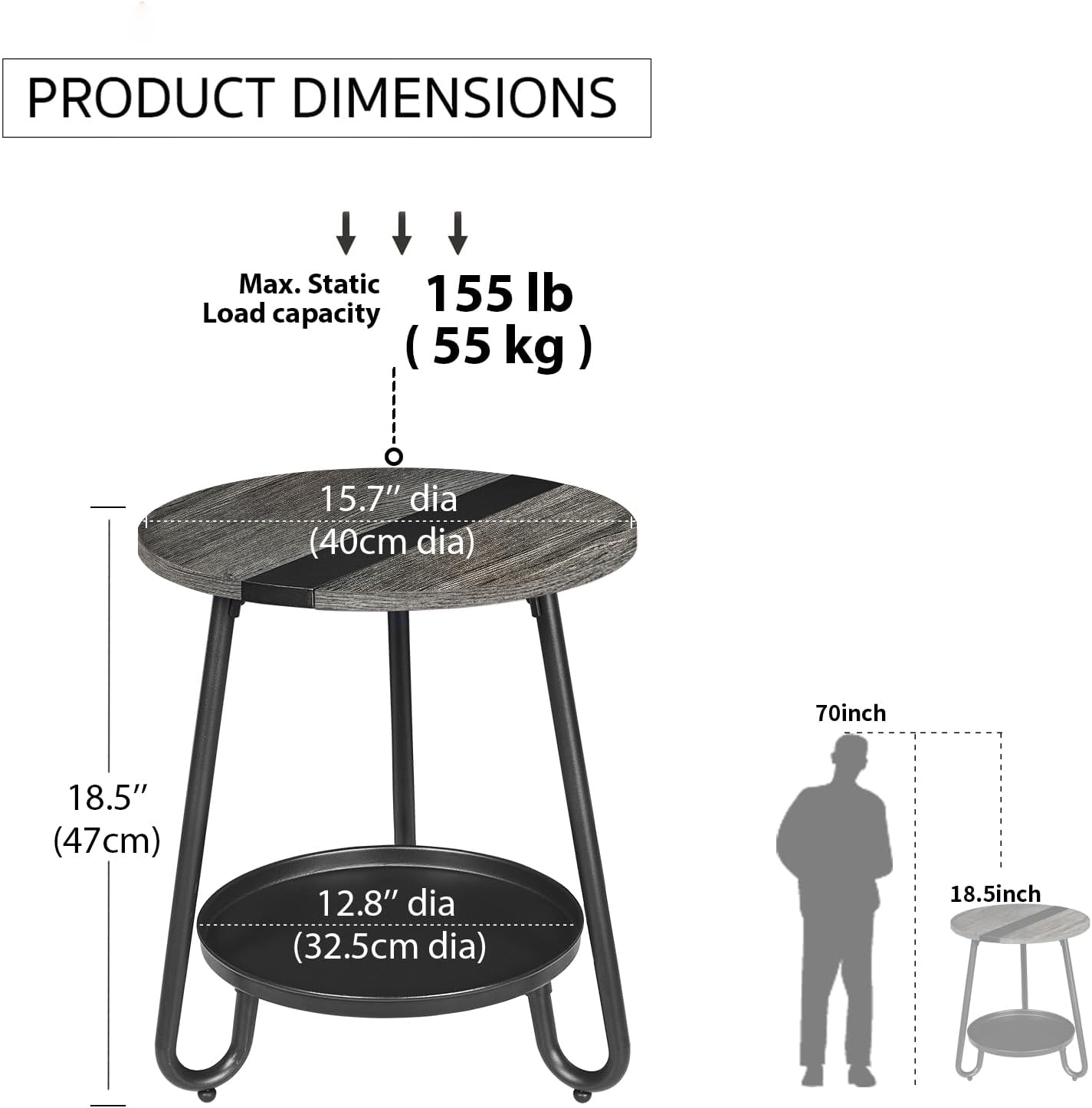 2 Tier Coffee Table in Living Room, Industrial Style Round Coffee Table with Metal Tray, Wood Small Outdoor Coffee Table for Bedroom Balcony Patio, Gray