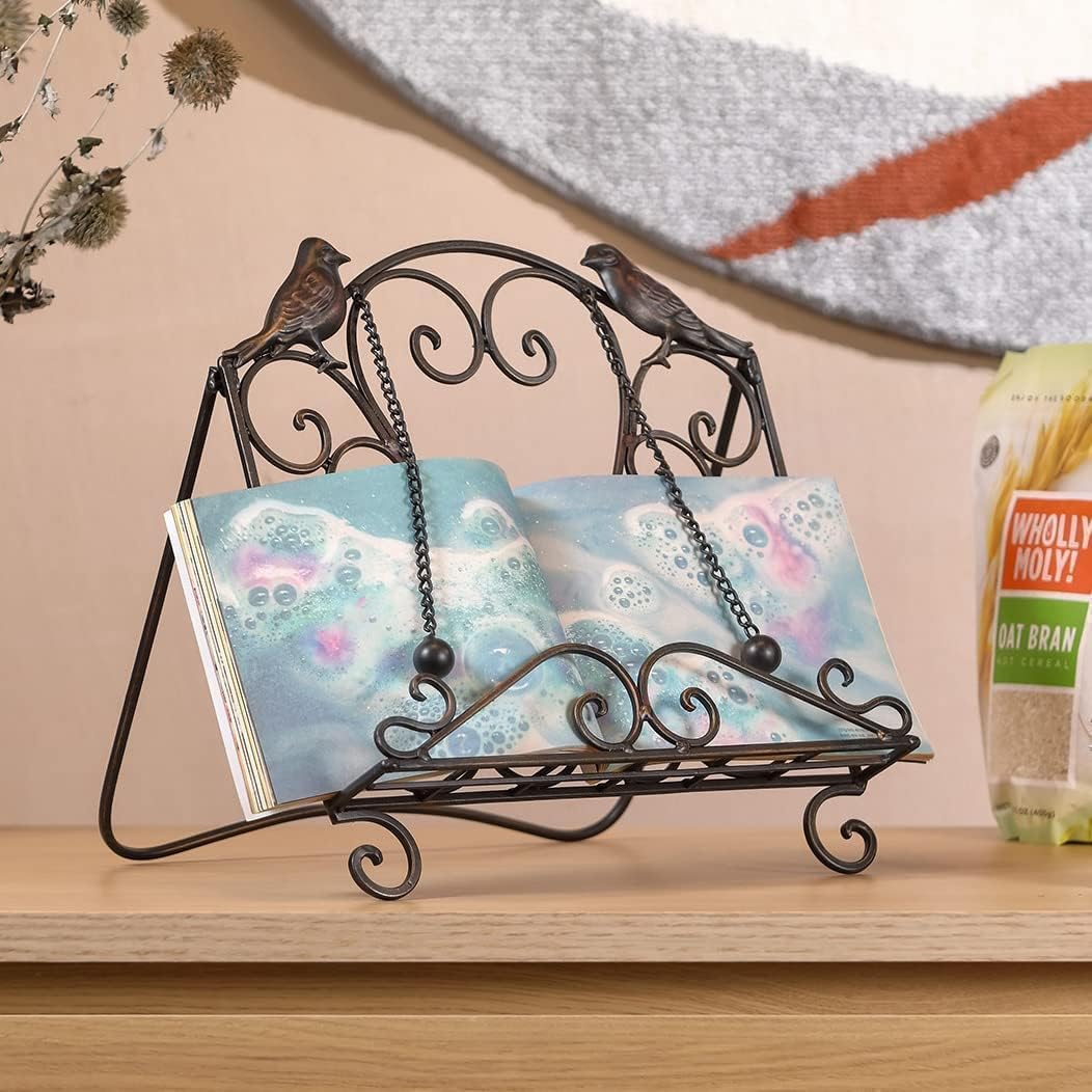 Metal Cookbook Stand Clearance Recipe Book Holder for Kitchen (Birds/Vintage Scrolls, Bronze)