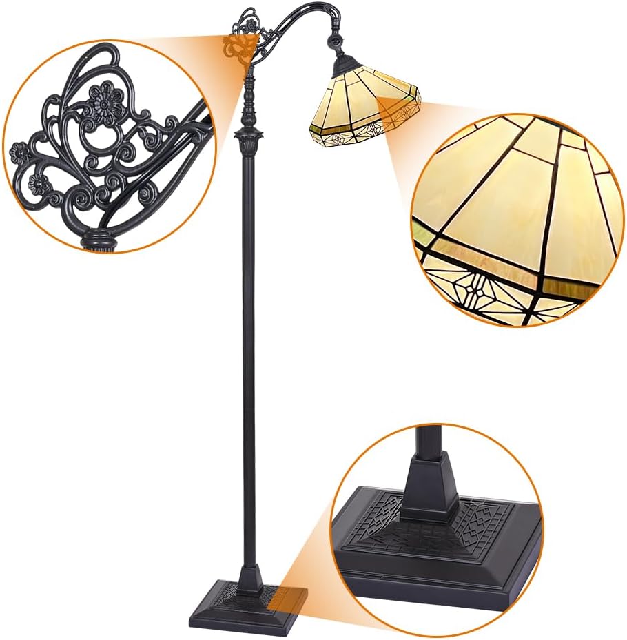Capulina Tiffany Lamp Stained Glass Floor Lamp 62 Inches Tall Antique Cream Soft Light Arched Adjustable Angle Tiffany Style Reading Standing Lamp for Living Room Bedroom Home Office
