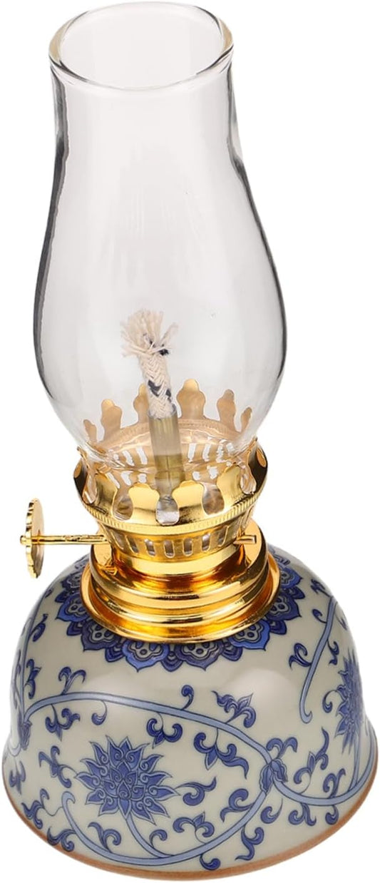 Happyyami Vintage Porcelain Oil Lamp Blue and White Ceramic Home Decor Lamp for Camping Meditation Reading Tea for Holidays