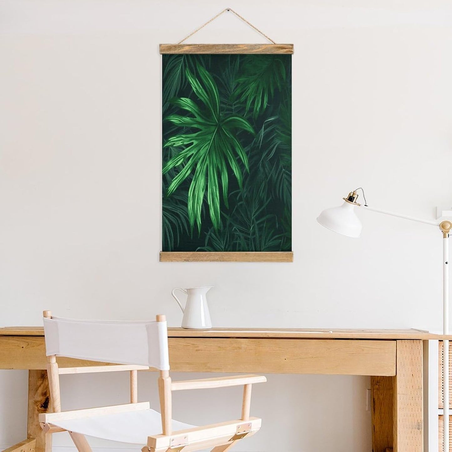 Vintage Green Tropical Jungle Plant Poster with Wooden Frame Personalized Linen Hanging Scroll Painting Rustic Wall Hanging Illustrative Modern Artwork Decor for Home Living Room Bedroom Office