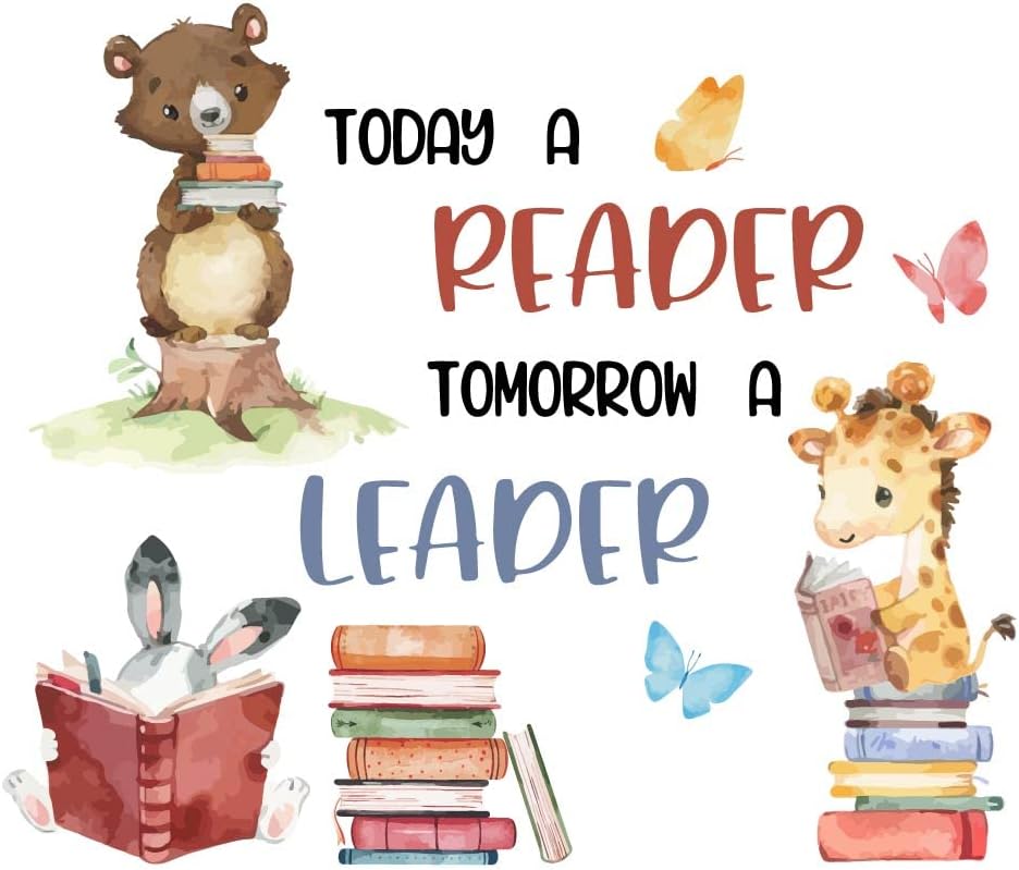 SUPERDANT Animals Reading Book Wall Sticker Inspirational Wall Decal Peel and Stick Classroom Vinyl Art Decals Read Corner Decor for Nursery Library Kids Room Study Room Decoration Back to School
