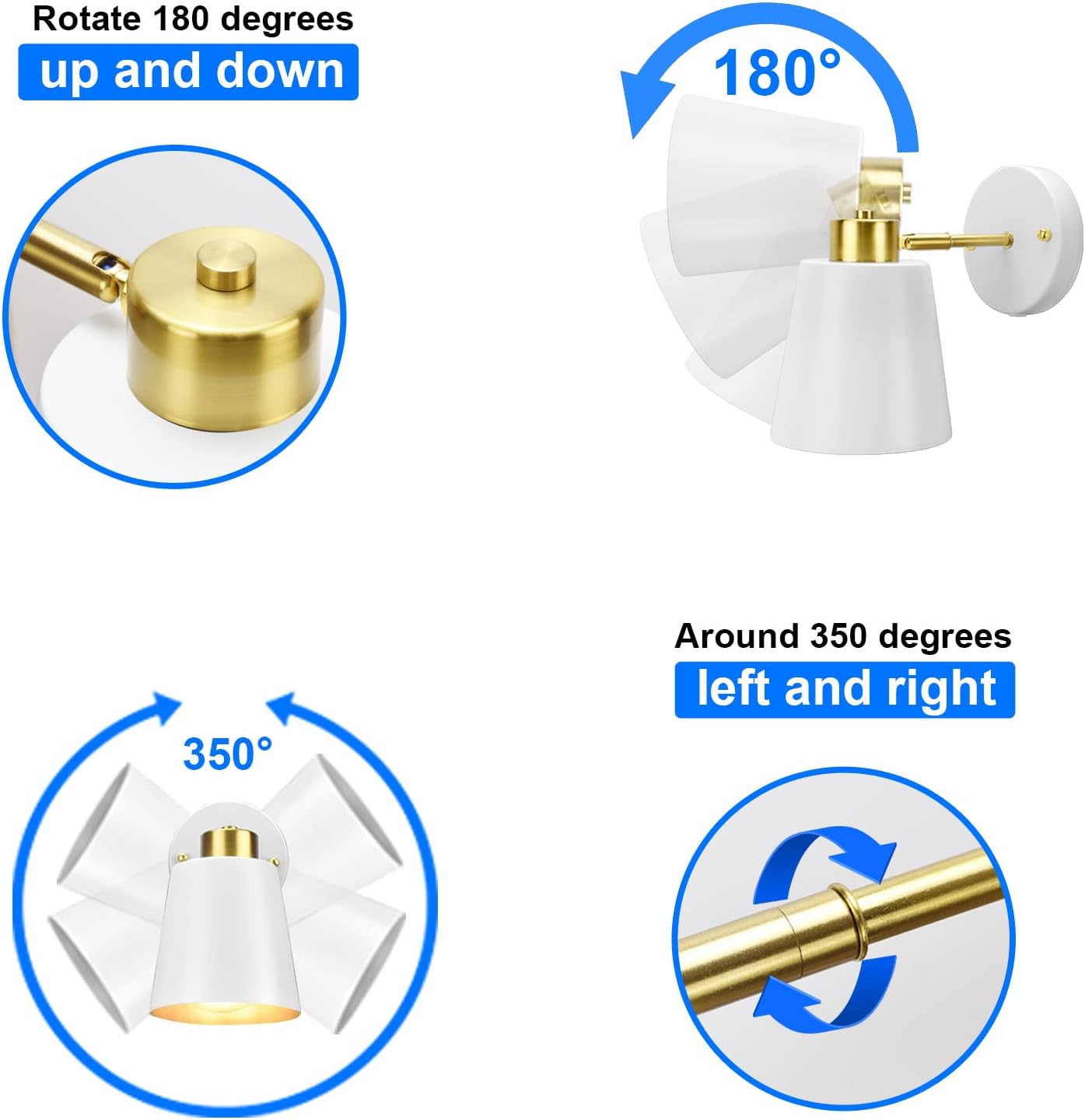 Yollzey Plug in Wall Sconces, Rotatable Angle White Wall Lamp with Plug in Cord Metal Vintage Industrial Wall Mounted Light Reading Light for Bedroom Bedside Doorway(2 Pack)