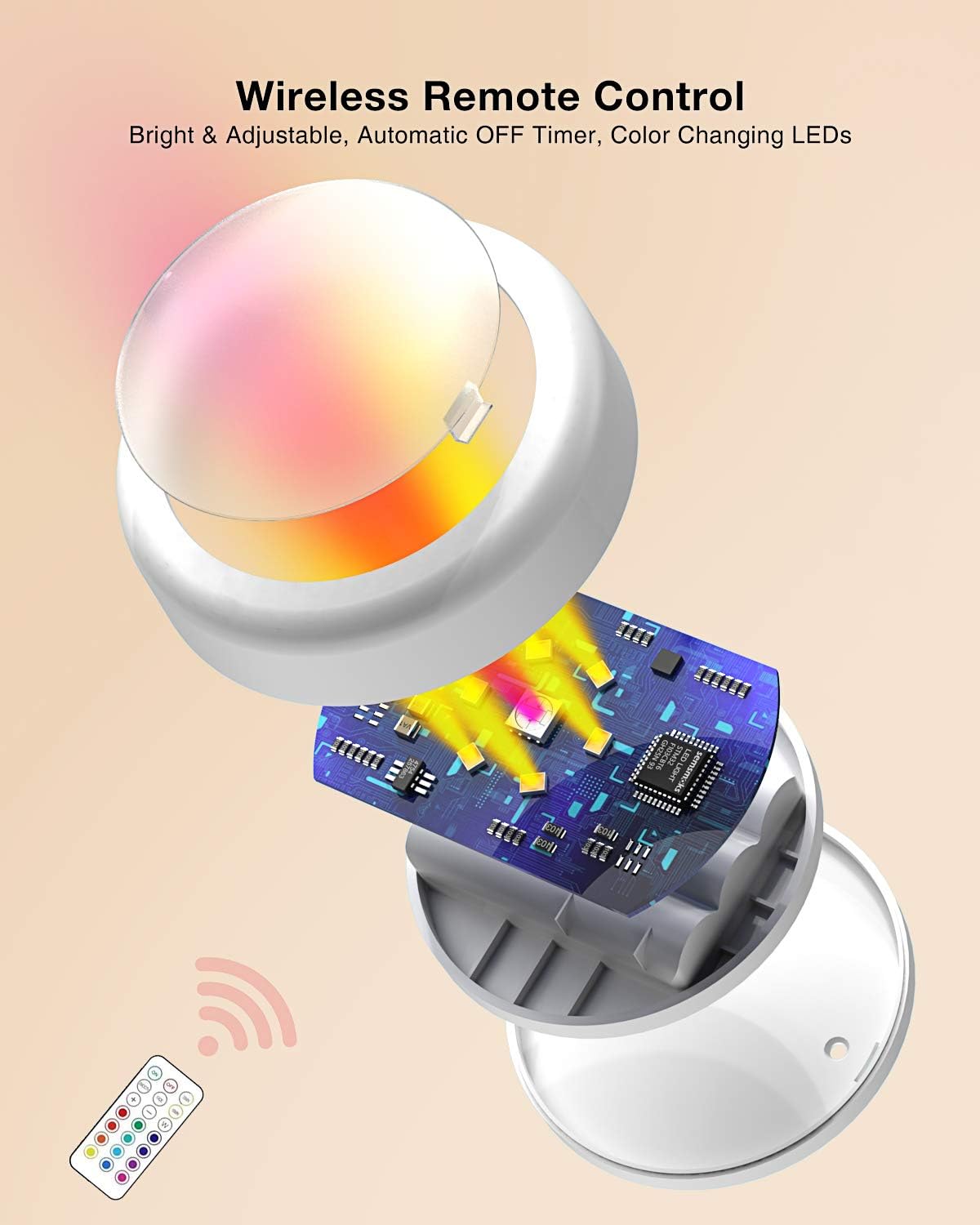 Puck Lights with Remote Control, Battery Operated LED Push Light Wireless, 13 Color RGB - for Closet, Bedroom Wall, Under Cabinet, Battery Powered Puck Lights. Convenient 3M Stick On, 6 Pack
