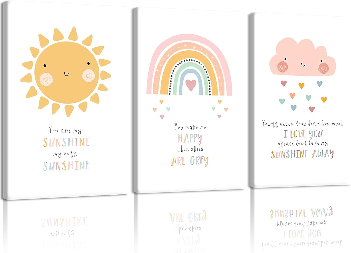 NCCXNCC 3Pcs Children's Room Canvas Wall Art Cute Sun Rainbow Cloud Painting Pastel Baby Room Wall Decoration Artwork Simple Children's Room Poster Print Suitable for Nursery Bedroom 16x24Inch Framed