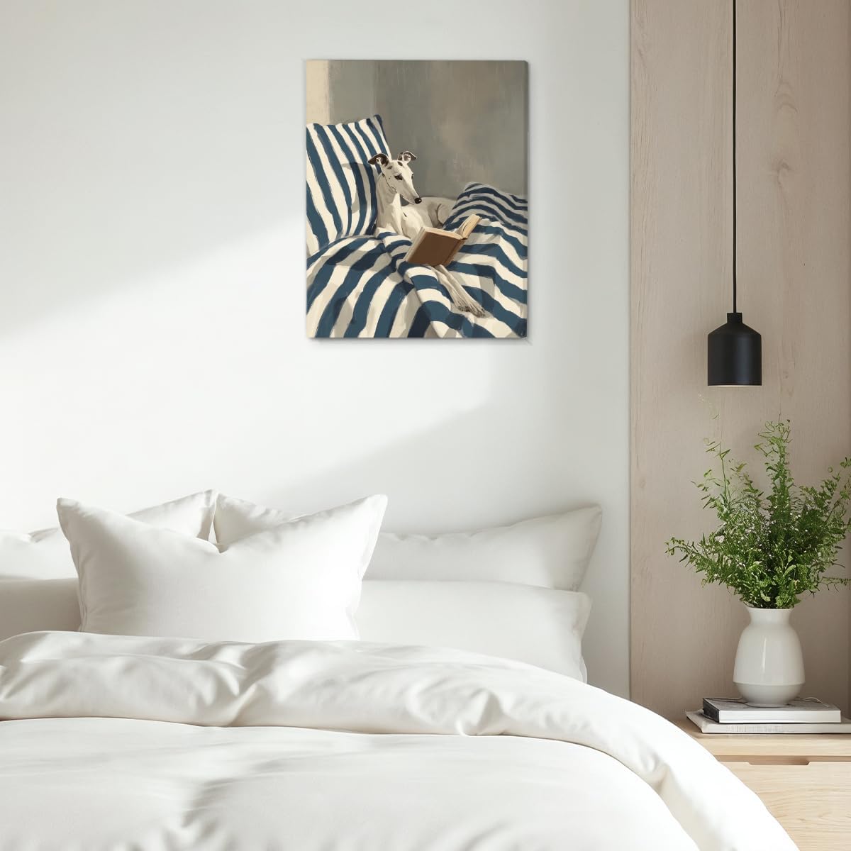 Funny Whippet Dog Reading Wall Art Cute White Dog in Bed Canvas Print Poster Minimalist Bookish Wall Decor for Bedroom Reading Nook 8x10 Inch Framed