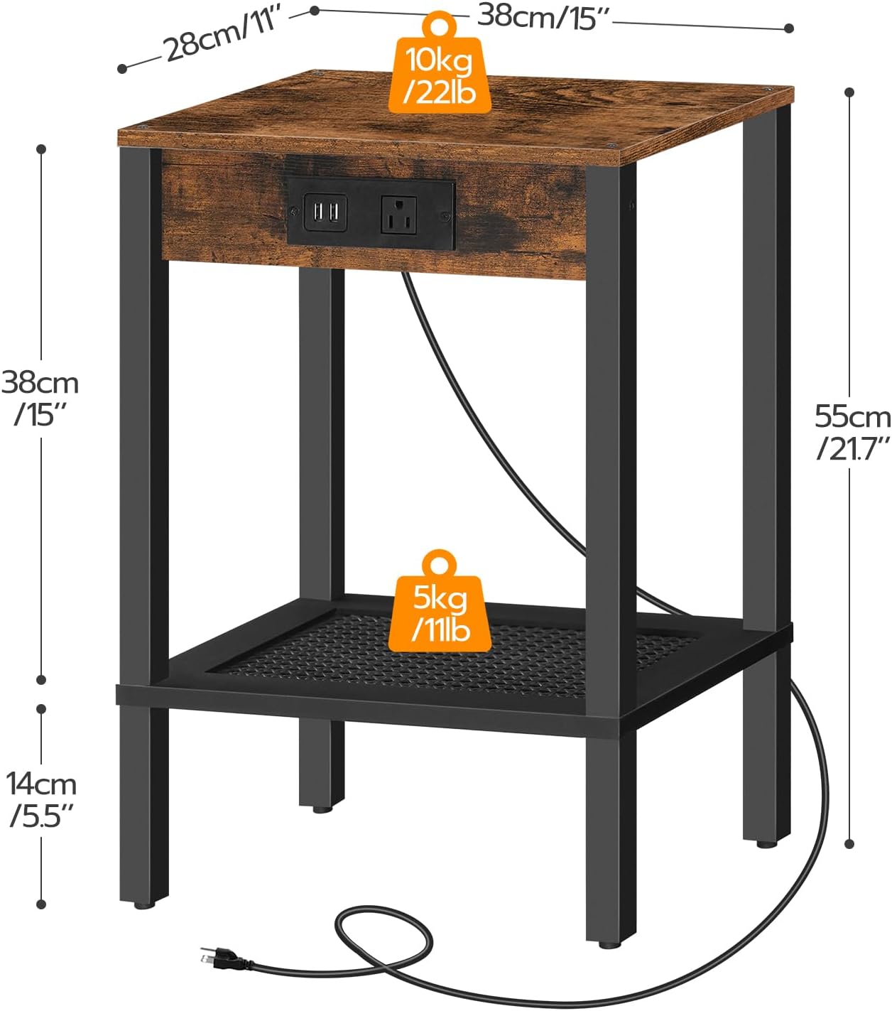HOOBRO Small Side Table with Charging Station, End Table with USB Ports and Outlet, Nightstand with 2-Tier Storage Shelf, Faux Rattan Decoration, for Small Space, Rustic Brown and Black BF91UBZ01