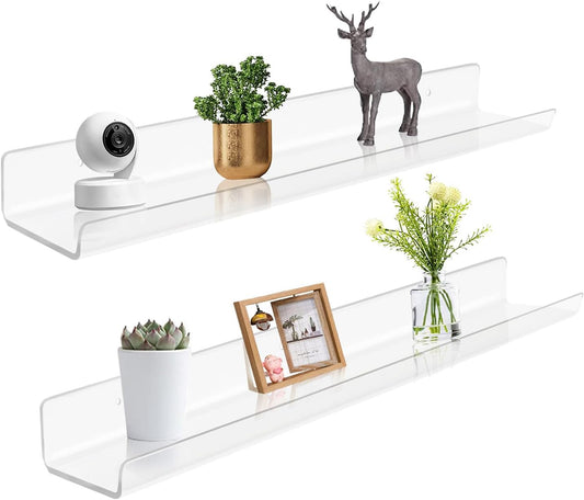 ROYALITA 24 Inches Acrylic Floating Book Shelves Wall Mounted Set of 2, Wall Hanging Plant Display Shelves, Room Decor Floating Wall Shelves for Gaming Room, Bedroom, Living Room, Office, Clear