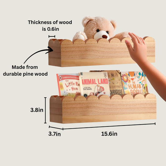 Scalloped Shelves - Set of 2 Pre-Assembled 15.6inch Floating Nursery Book Shelves, Scalloped Book Shelf - Kids Wall Bookshelf, Nursery Decor, Floating Shelves for Wall