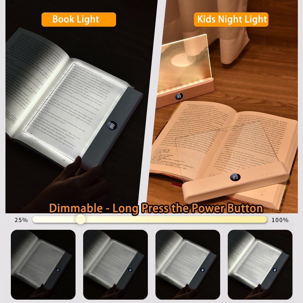 Book Light, Rechargeable Clear LED Flat Book Lights for Reading in Bed at Night with Dimmable 3 Colors & Timer, Full Page Panel Plate Lamp, Study Light Gifts for Readers Women Kids Book Lovers (Pink)