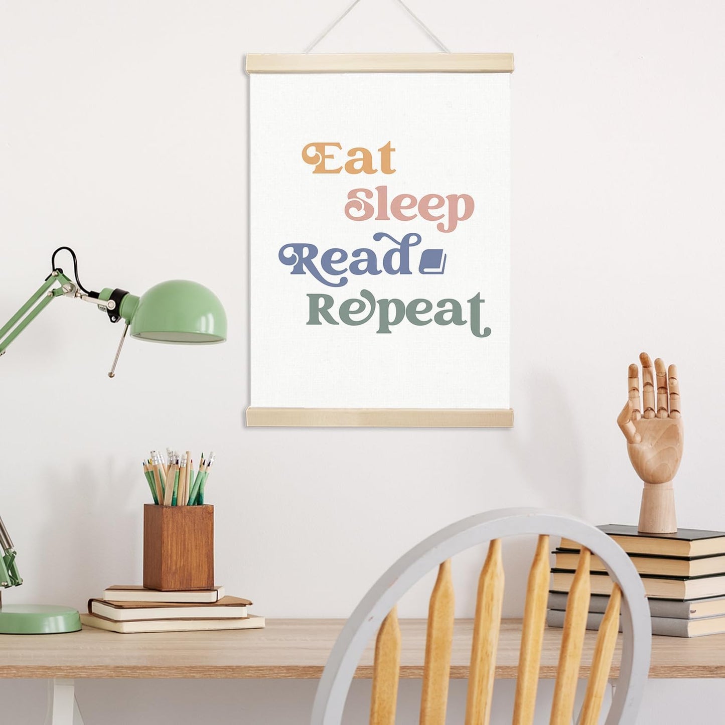 Voxitura Eat Sleep Read Repeat Poster Hanger Frame, Nursery Classroom Wall Decor Art Canvas for Book Lovers Library Reading Nook Corner, Educational Prints for Wall Hanging Decor Banner 12x16in