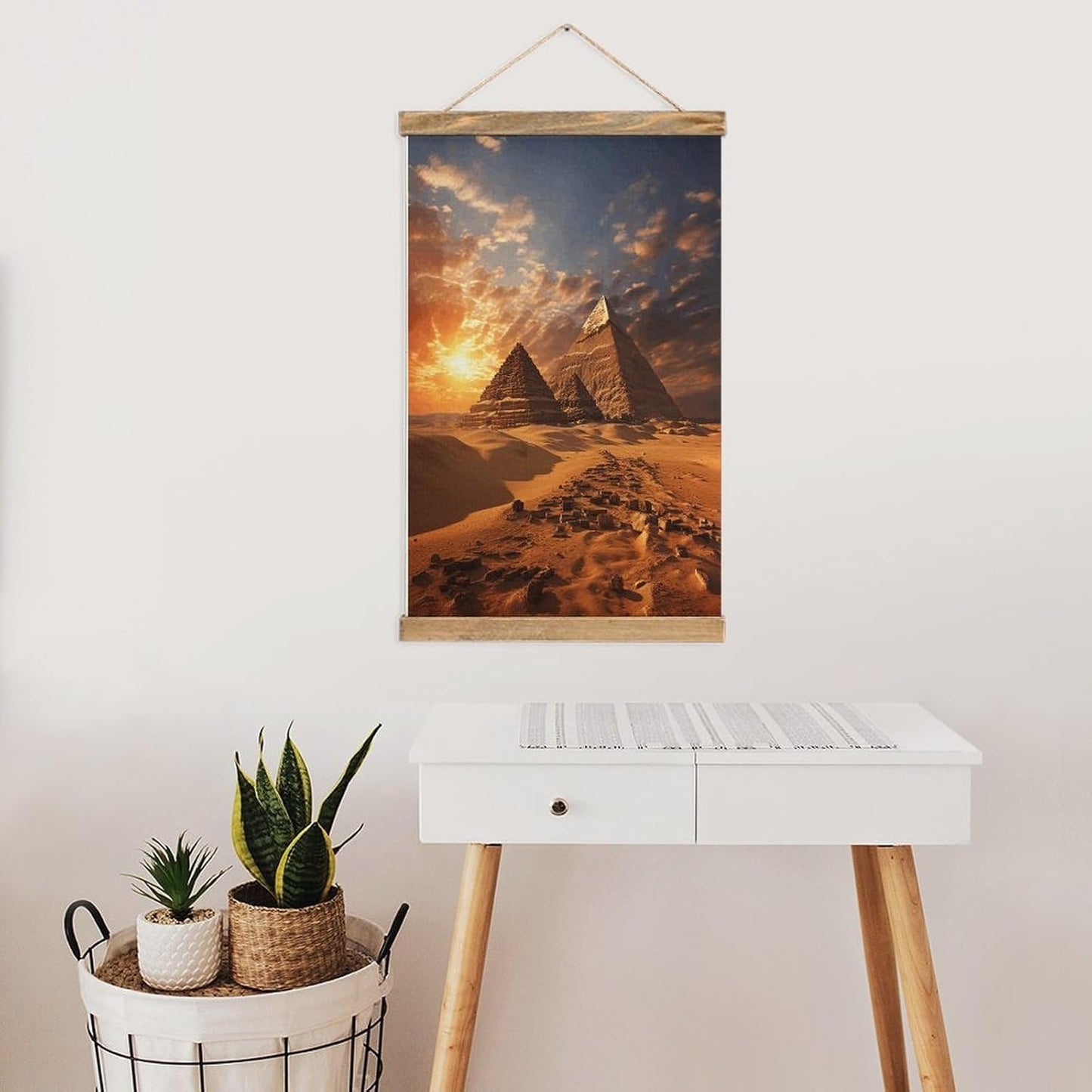 Vintage Egyptian Pyramids Poster with Wooden Frame Personalized Linen Hanging Scroll Painting Rustic Wall Hanging Illustrative Modern Artwork Decor for Home Living Room Bedroom Office