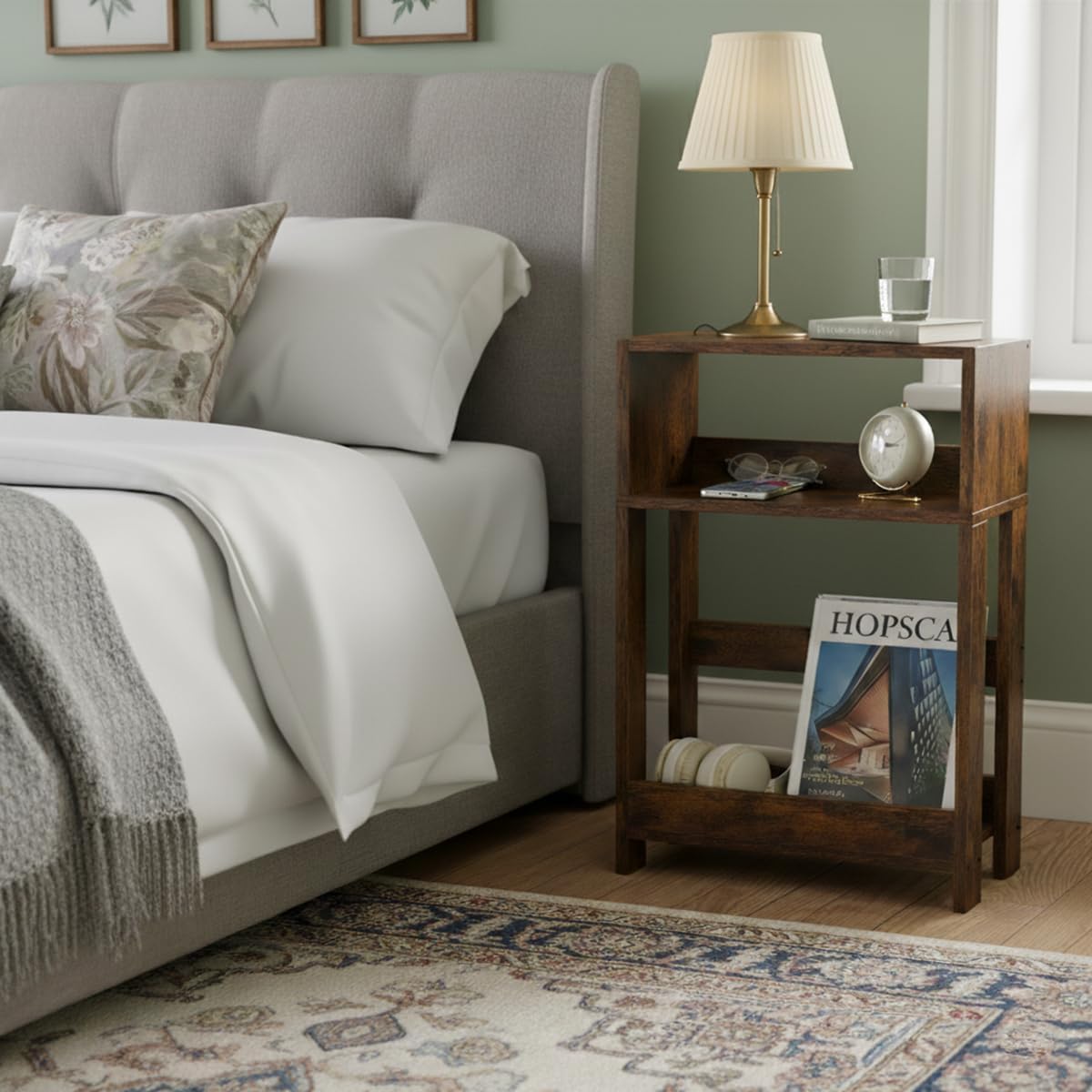 3-Tier Narrow Side Table,Skinny End Table and Bedside Nightstand for Small Space - Rustic Brown