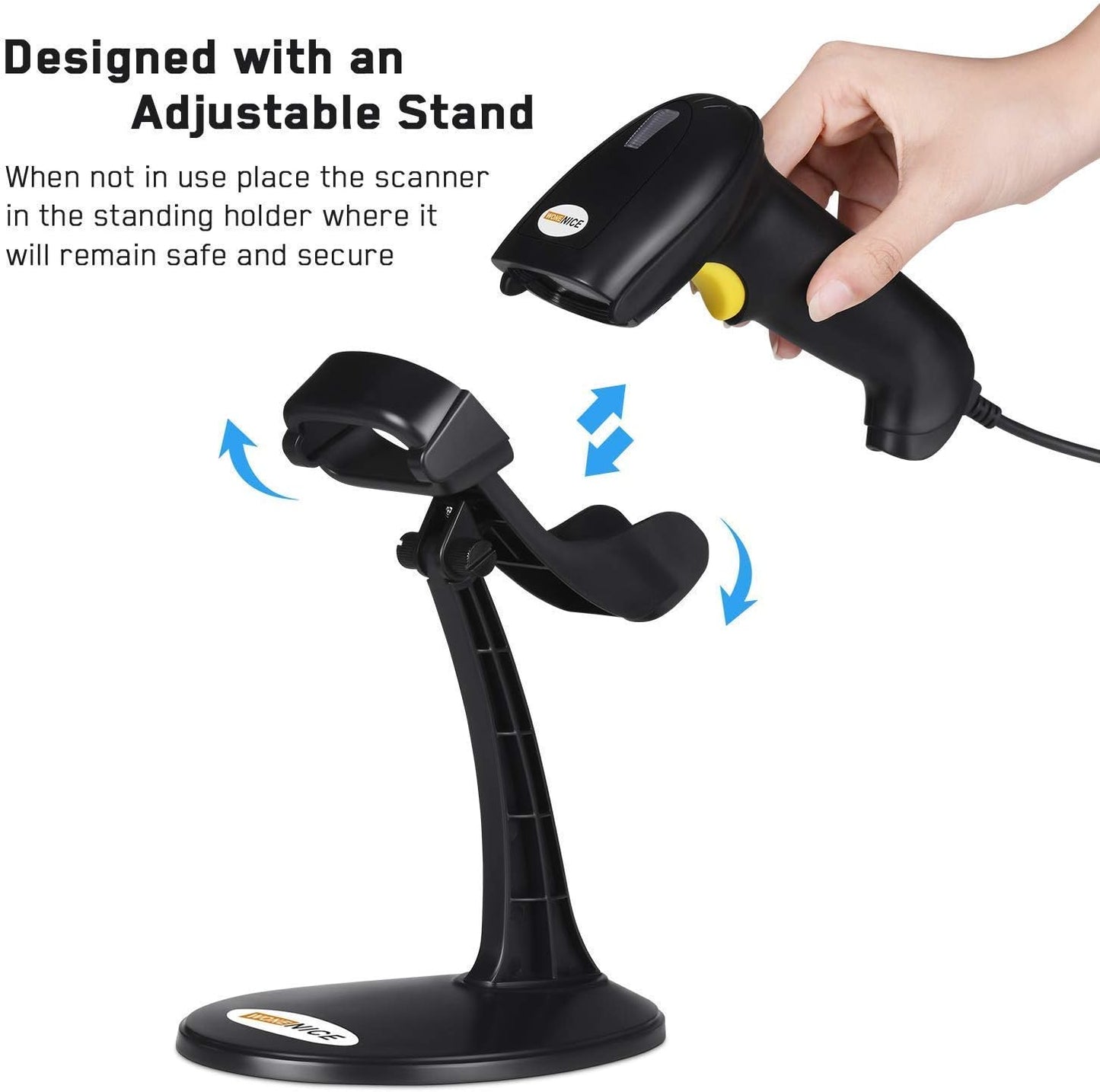 WoneNice Barcode Scanner USB 1D Laser Wired Handheld Bar Code Scanner Reader with Stand, Black