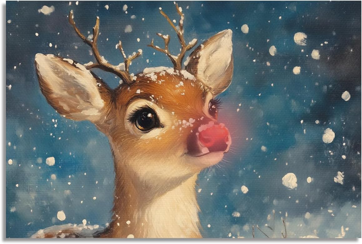 Rudolph Christmas Canvas Wall Art, Cute The Red Nose Reindeer Poster, Vintage Xmas Deer Painting Print, Farmhouse Winter Snowy Holiday Wall Decor for Bedroom Living Room 16x24in Unframed