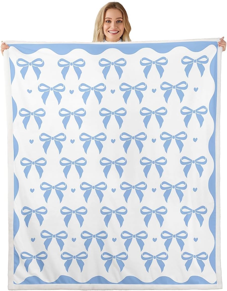Feelyou Blue Bow Sherpa Throw Blanket for Couch Cute Coquette Bow Knot Super Soft Cozy Fleece for Kids Boys Girls Blanket for Winter,Plush Throw Blue Bowknot Throw 50"x60" Preppy Style All Season