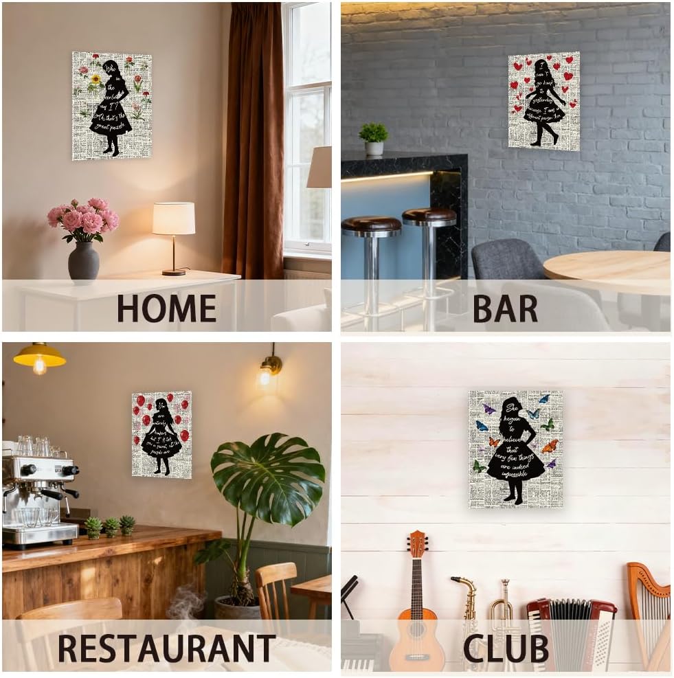 CRAFTYMELODY 4Pcs Alice Wonderland Quote Wall Art Prints Dictionary Wall Decor Poster Artworks Butterfly Flower for Apartment Dorm Decor Living Room Bedroom Home Decoration 11x13.8 Inch Unframed