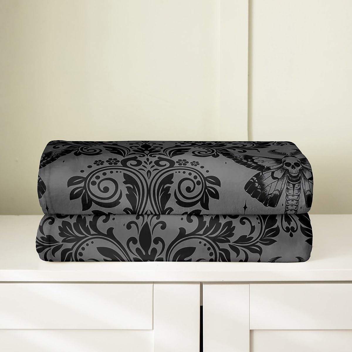 Feelyou Adults Dark Olive Green Vintage Damask Floral Fleece Throw Blanket Oriental Antique Plush Blanket Queen 90"x90" Gothic Boho Flower Fuzzy Blanket Gothic Skull