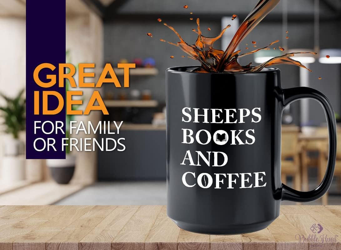 Book Lovers Coffee Mug 15oz Black - Sheep Books And Coffee - Animal Lovers Caffeine Addict Booked Teacher Author Farmer Goat Herbivorous Pet