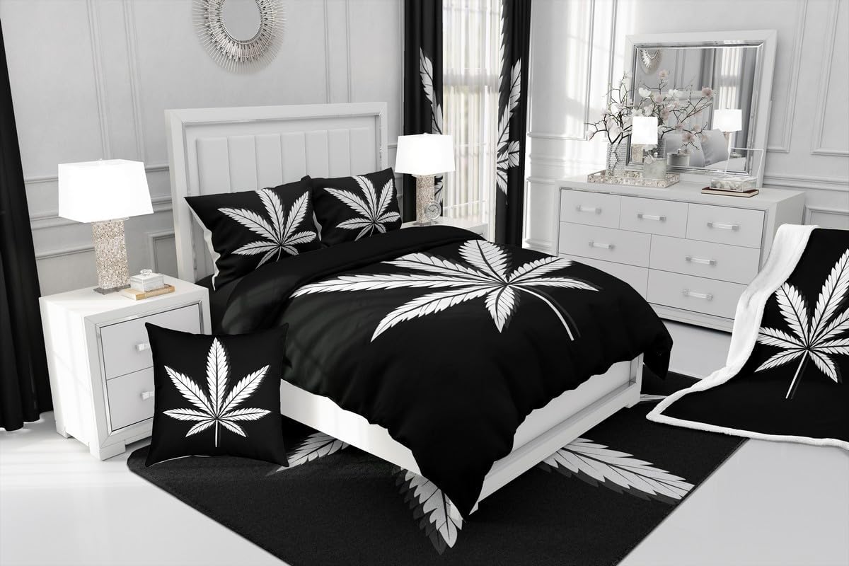 Feelyou Marijuana Sherpa Blanket Cannabis Leaves Throw Fleece for Couch Bed Sofa Men Bedroom Decor Black White Pattern Fuzzy 50"x60"