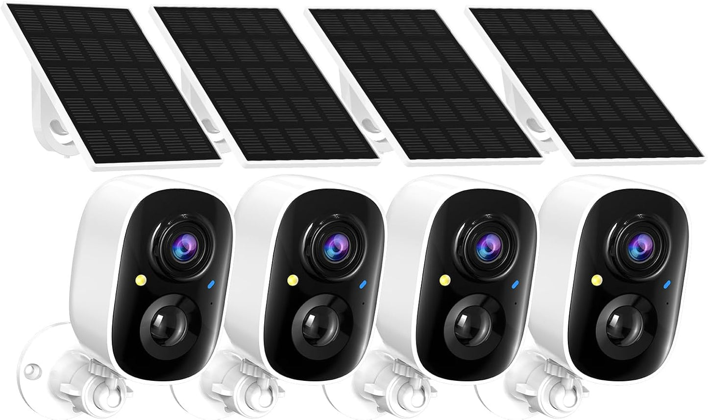 2K FHD Solar Powered Security Cameras Wireless Outdoor,WiFi Wireless Cameras,Outside Cameras for Home Security,AI Motion Detection,Color Night Vision,Spotlight,Siren Alarm,SD/Cloud Storage,4 Pack
