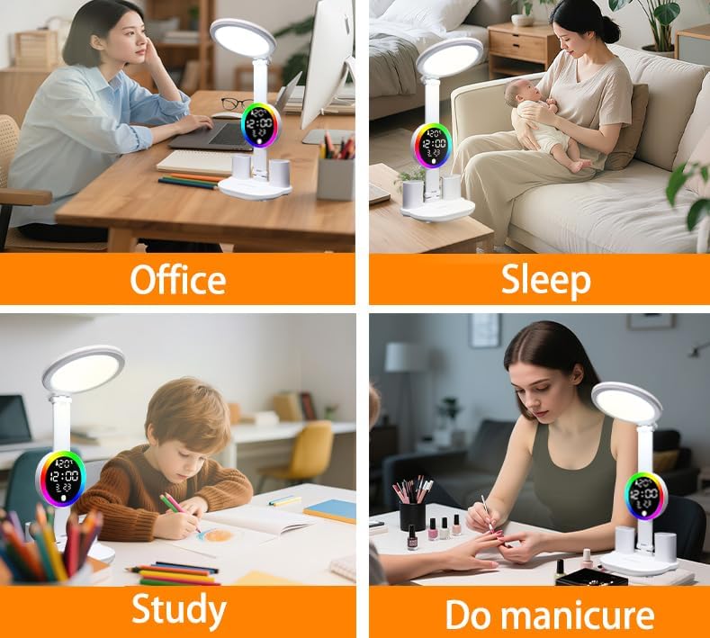 Led Desk Lamp, Desk Lamp with Usb Charging Port, Dimmable 3 Colorful Lights, Adjustable Folding with Clock Date, Pen & Phone Holder, Temperature, Home Office Bedroom Reading Study Work (White)