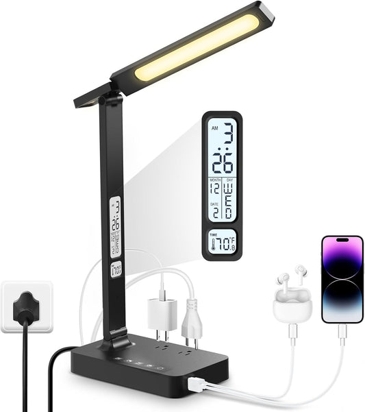 Infiway Desk Lamp with USB Charging Port: LED Stepless Dimmable Eye Caring Desk Light for Home Office - 1 Type-C, 1 USB-A Charging Port, 2 AC Power Outlets, Multiple Light Modes for Study and Bedroom