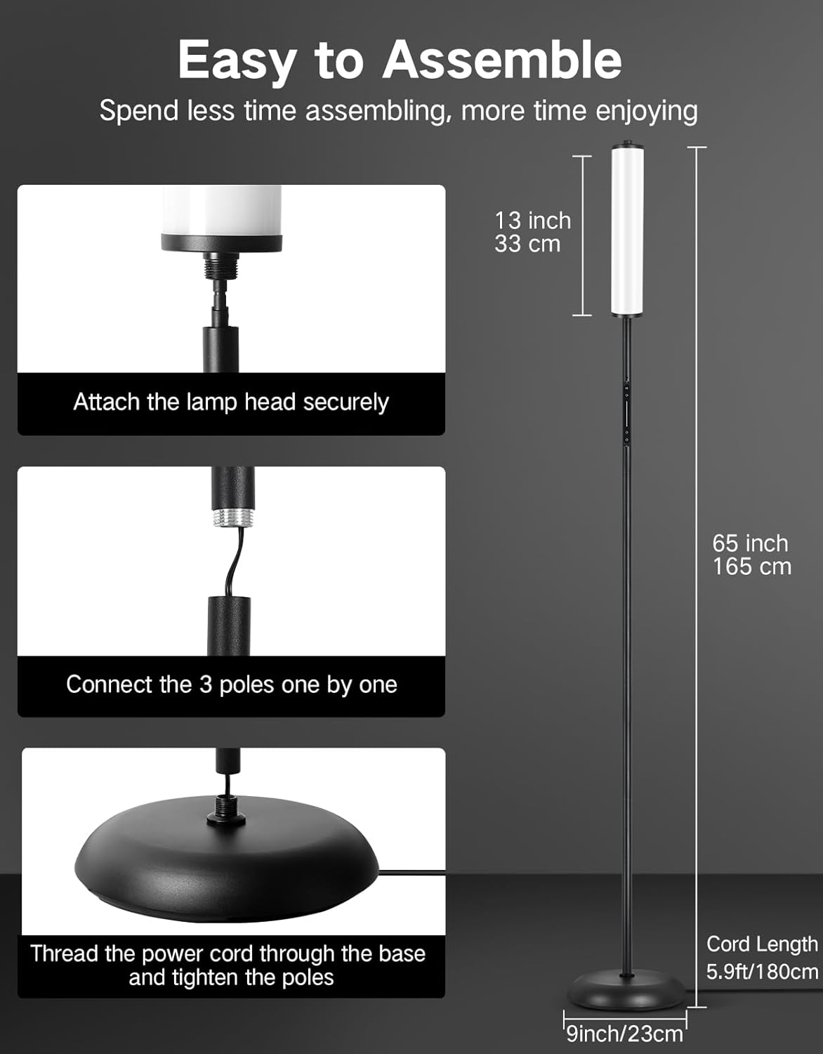 OUTON Floor Lamp for Living Room, 66 in LED Corner Floor Lamp with Remote, App and Touch Slider Control, 2200K-6500K Stepless Dimmable RGB Standing Lamp with Timer, Memory and Music Sync, Black